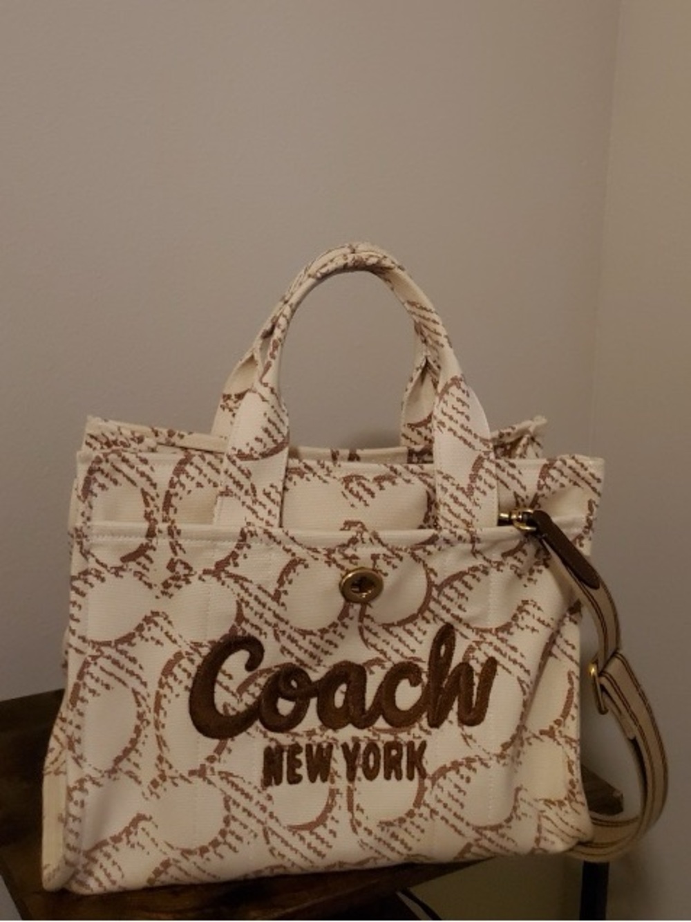 Coach Cream and Brown Logo Canvas Tote